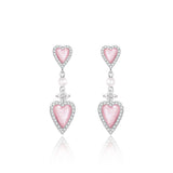 Pendientes largos de plata de ley con corazón rosa "Pink Moment" de FANCIME con perla blanca y piedras CZ