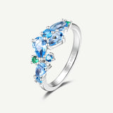Anillo de Plata con Barra de Flor “Susurro de Glicina” con Aguamarina y Topacio