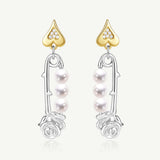 Pendientes de plata con perla y alfiler de rosa