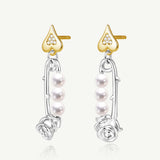 Pendientes de plata con perla y alfiler de rosa