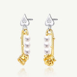 Pendientes de plata con perla y alfiler de rosa
