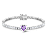 FANCIME "Axis" Pulsera de tenis de plata de ley con amatista piedra de nacimiento de febrero corte corazón