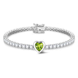 FANCIME "Axis" Pulsera de tenis de plata de ley con peridoto piedra de nacimiento de agosto corte corazón