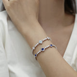 Pulseras de tenis de plata de ley con aguamarina, piedra de nacimiento de marzo "Brillo Cuadrado" FANCIME