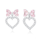 "Bow For Princess" Pink Bow And Heart Shape Sterling Silver Earrings