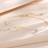 Pulsera de mariposa de oro amarillo de 14K con perlas de agua dulce de 4MM, pulsera ajustable de lujo, perla auténtica