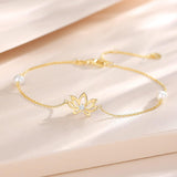 Pulsera de flor de loto de oro amarillo de 14K con perlas de agua dulce de 4MM, pulsera ajustable de lujo, joyería fina