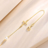 Pulsera de cruz lateral sólida de oro amarillo de 14K con eslabones de perla, pulsera ajustable, joyería fina