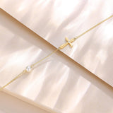 Pulsera de cruz lateral sólida de oro amarillo de 14K con eslabones de perla, pulsera ajustable, joyería fina