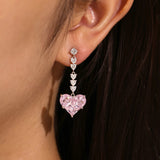 Pendientes colgantes de plata de ley con corazón rosa "Sweetheart" con piedras CZ blancas