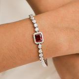FANCIME "Axis" Pulsera de tenis de plata de ley con rubí piedra de nacimiento de julio corte radiante