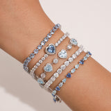Pulsera de tenis de plata de ley FANCIME "Srta. Encantadora" Halo Corazón con piedra de nacimiento de marzo de aguamarina