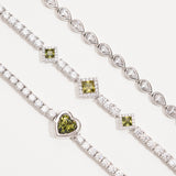 FANCIME "Axis" Pulsera de tenis de plata de ley con peridoto piedra de nacimiento de agosto corte corazón