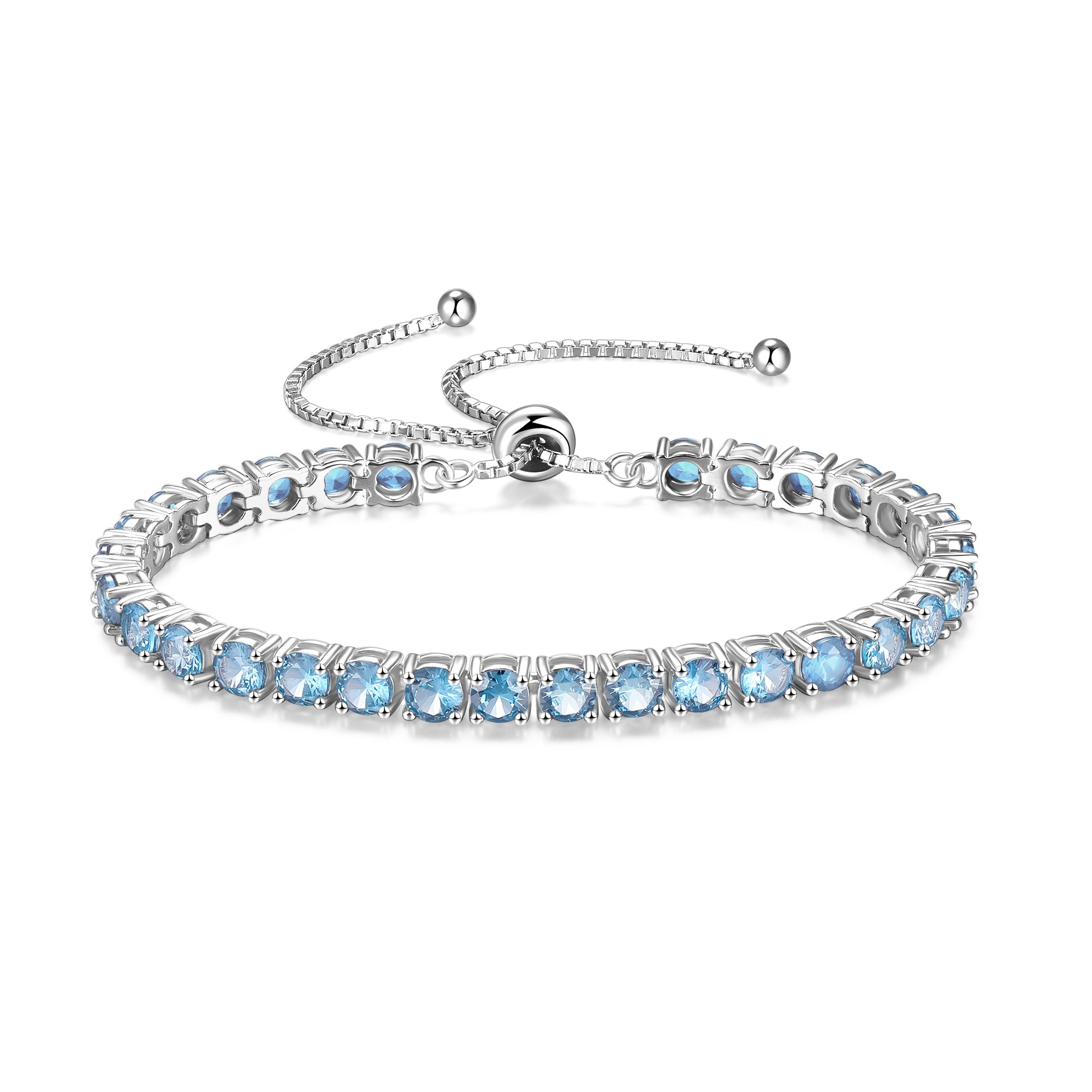 Pulsera de tenis FANCIME "Eternal Elegance" con piedra de nacimiento de marzo Aguamarina de plata esterlina Cadena bolo clásica