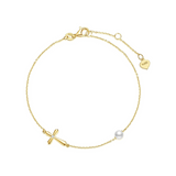Pulsera de cruz lateral sólida de oro amarillo de 14K con eslabones de perla, pulsera ajustable, joyería fina