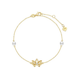 Pulsera de flor de loto de oro amarillo de 14K con perlas de agua dulce de 4MM, pulsera ajustable de lujo, joyería fina