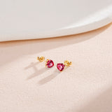Pendientes de botón con gema en forma de corazón FANCIME en oro amarillo macizo de 14K