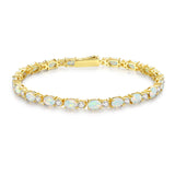 "Glamour Radiance" Pulsera de tenis de plata de ley con ópalo blanco tallado elegante, piedra de nacimiento de octubre