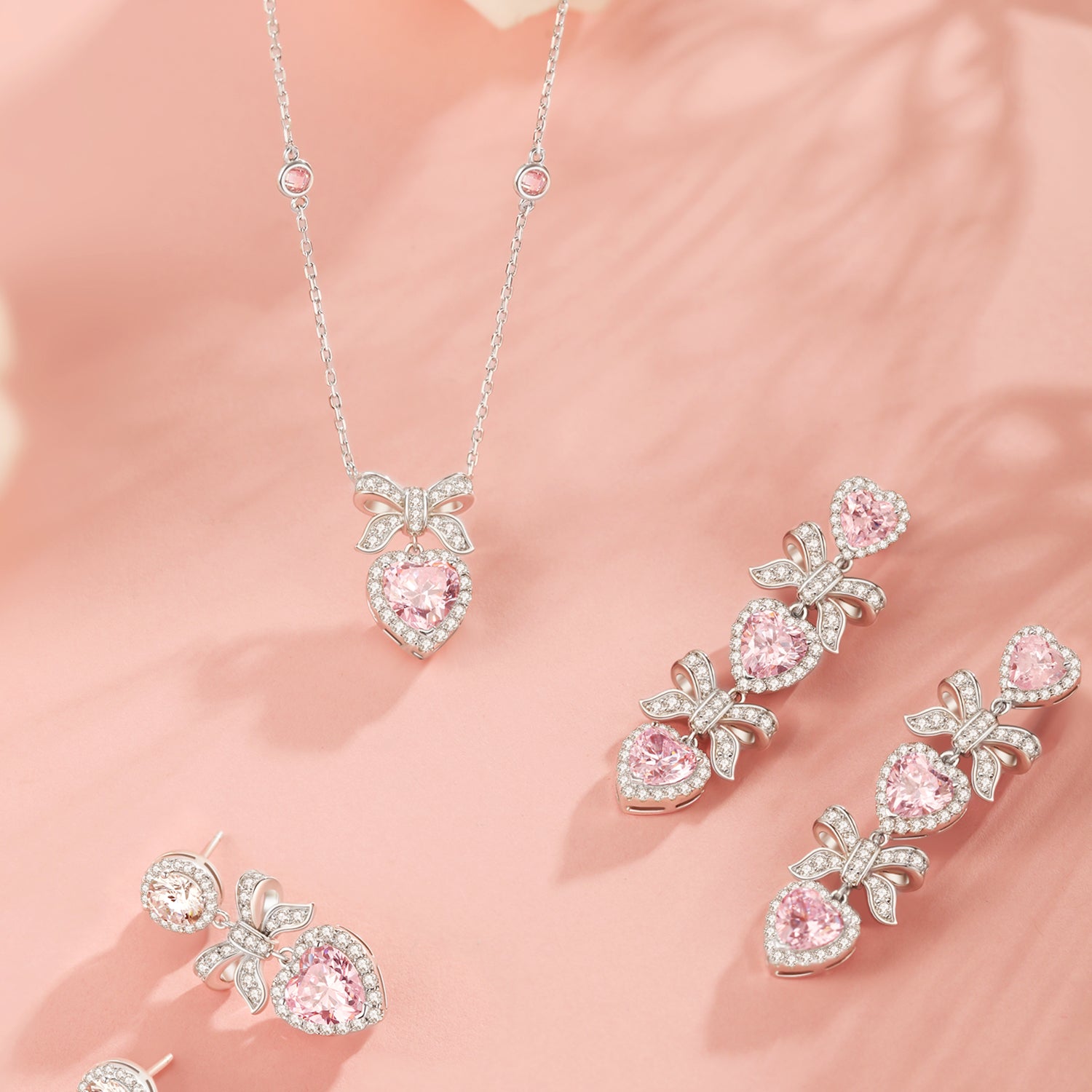 FANCIME Sugar Bow and Heart CZ Sterling Silver Necklace Pink Detail