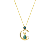 FANCIME Opal Dreamy Moon & Kitten Cat 18K Yellow Gold Necklace Main
