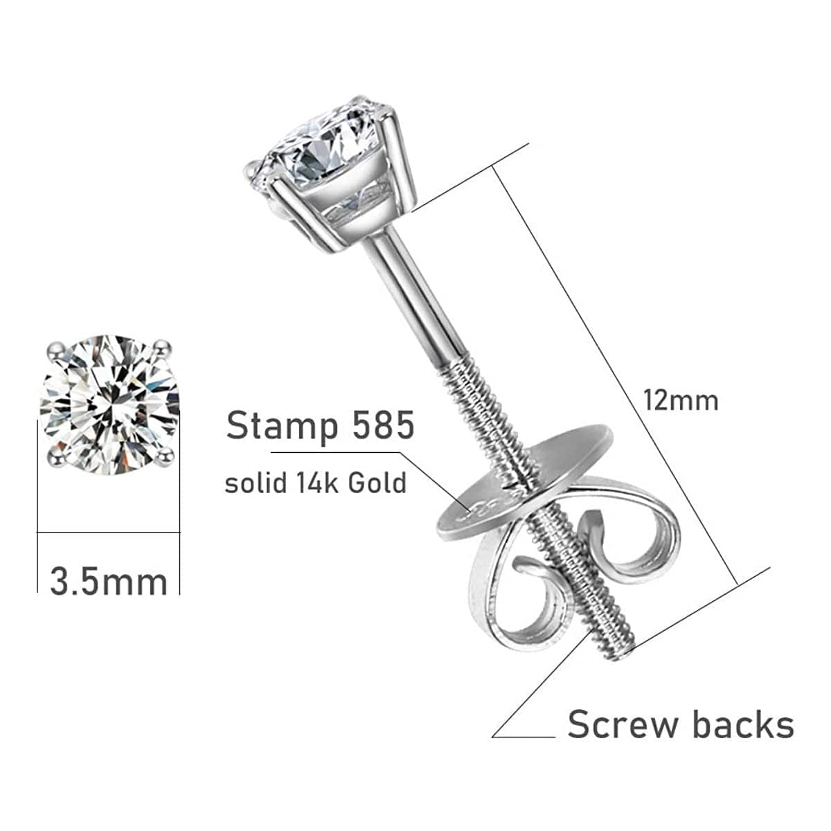 FANCIME Round Diamond 14k White Gold Stud Earrings Size