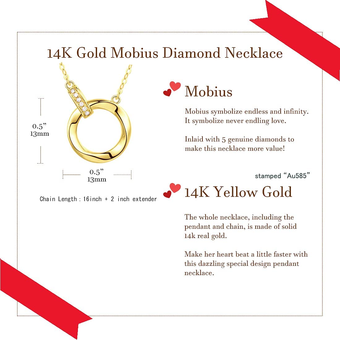FANCIME "Mobius Circle" 14K Solid Yellow Gold Necklace Size