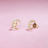 Pendientes de botón de luna con diamante blanco natural brillante de oro amarillo sólido 14K